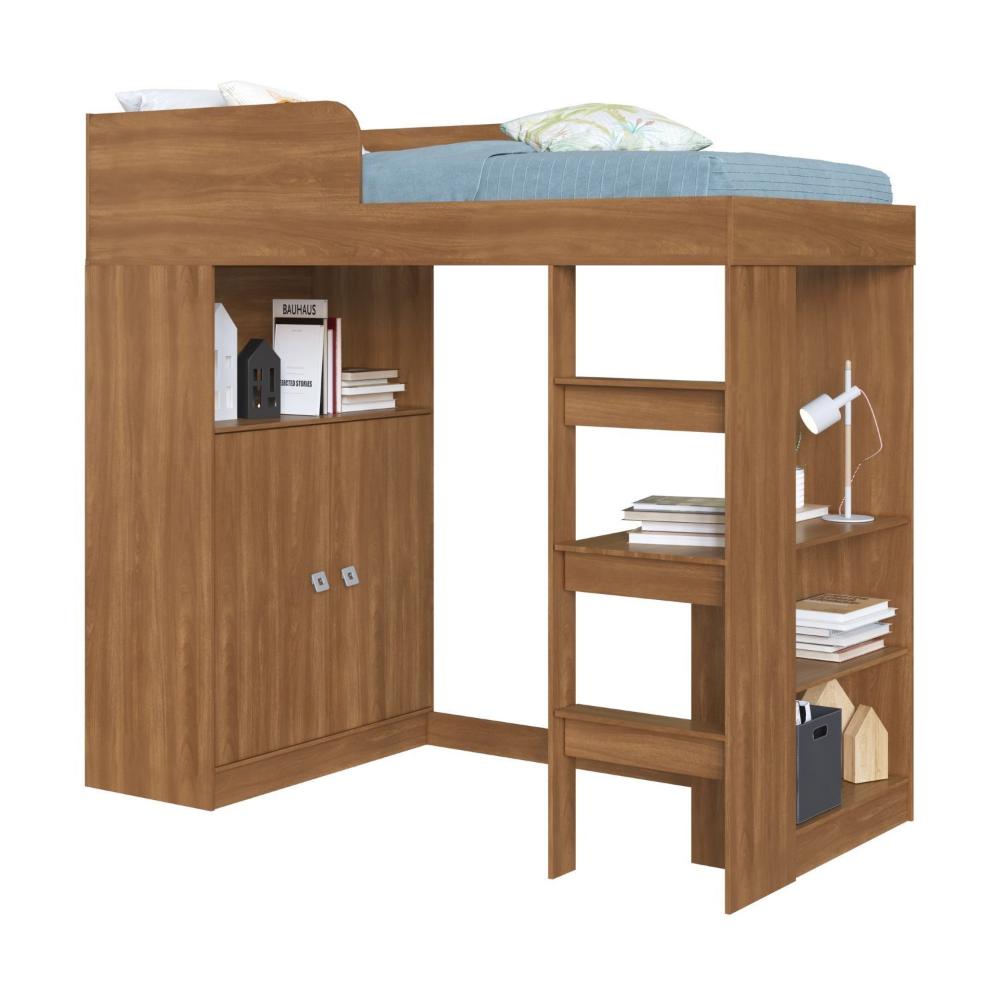 Cama Alta Multifuncional Infantil/Juvenil com Armário e Escrivaninha San Francisco Nogal