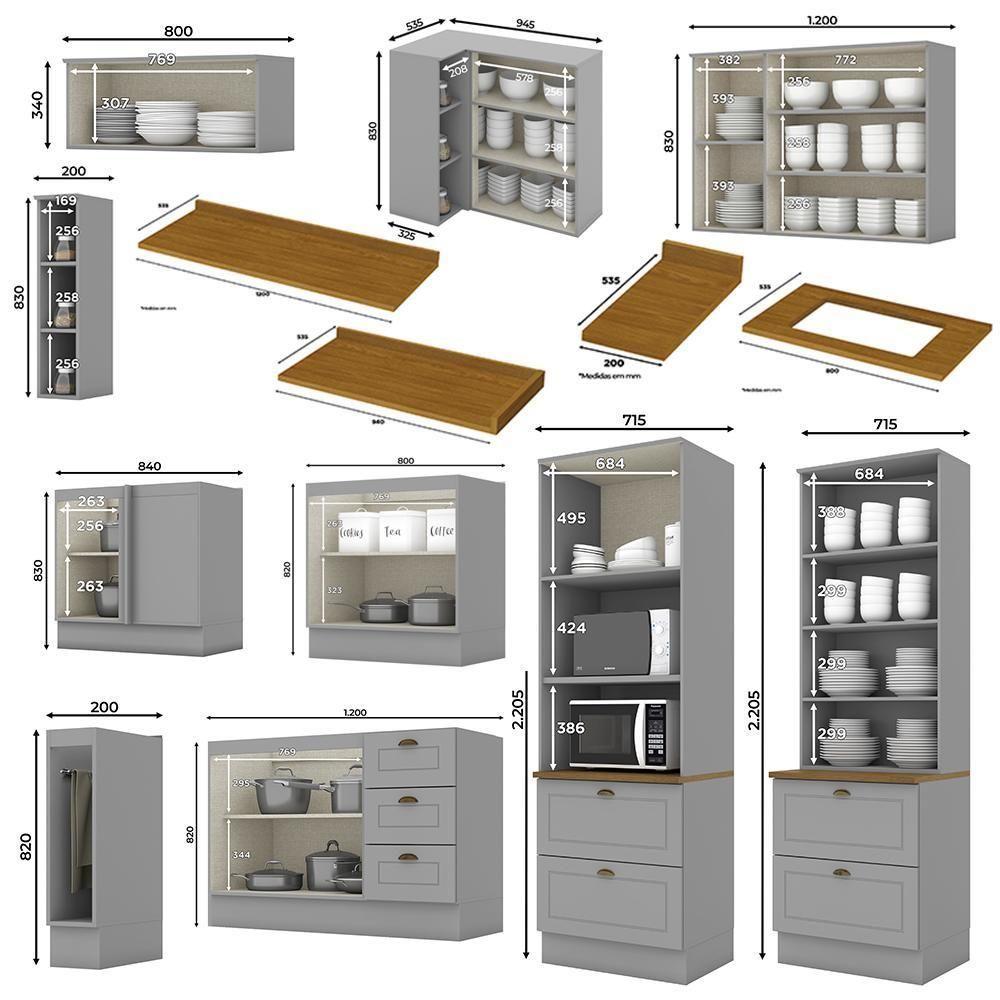 Miniatura Cozinha Completa De Canto Americana 10 Peças Cinza Tampo Nature - Móveis Henn Cinza