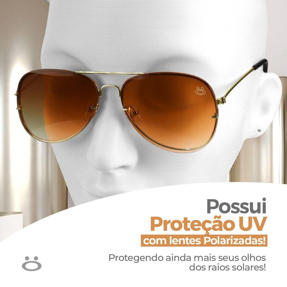 Oculos Sol Feminino Aço Inoxidavel Marrom Aviador + Case Presente Lente Marrom Armação Dourada