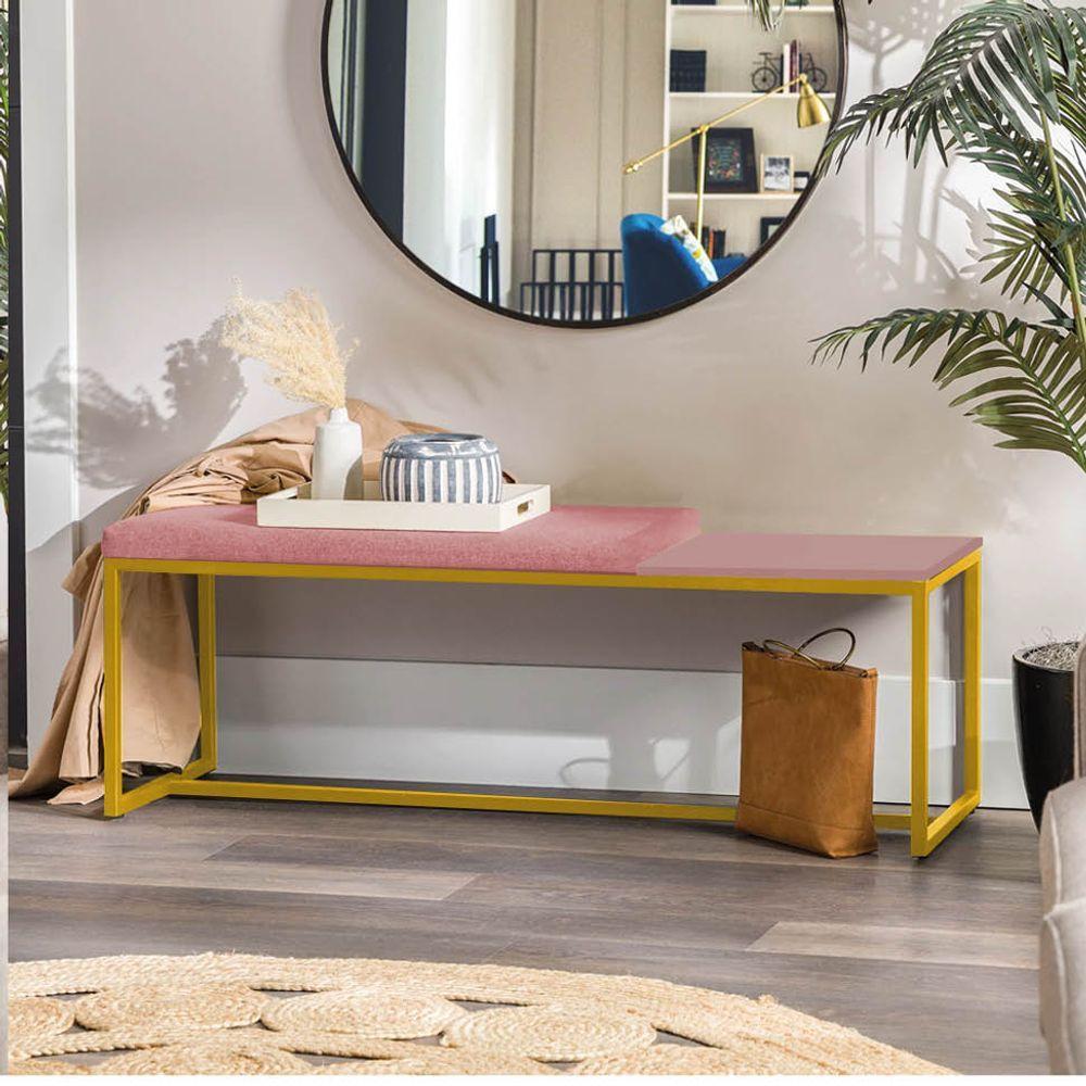 Miniatura Banco Recamier Puff 160cm Industrial Dourado Suede Rose Tampo Quadrado Mdf Rose