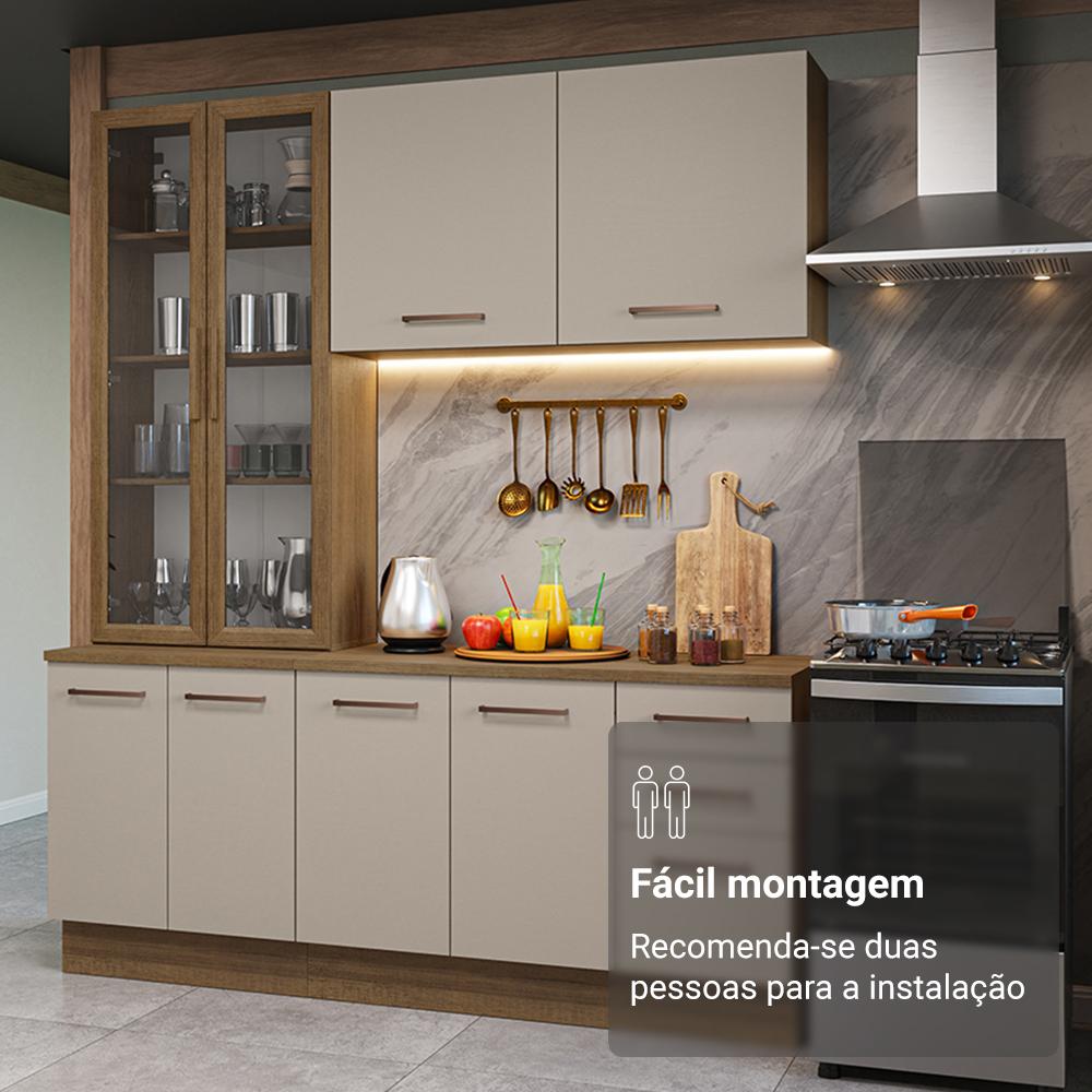 Armário de Cozinha Compacta 190cm com Cristaleira Rustic/Crema Agata Madesa 01 Rustic/Crema