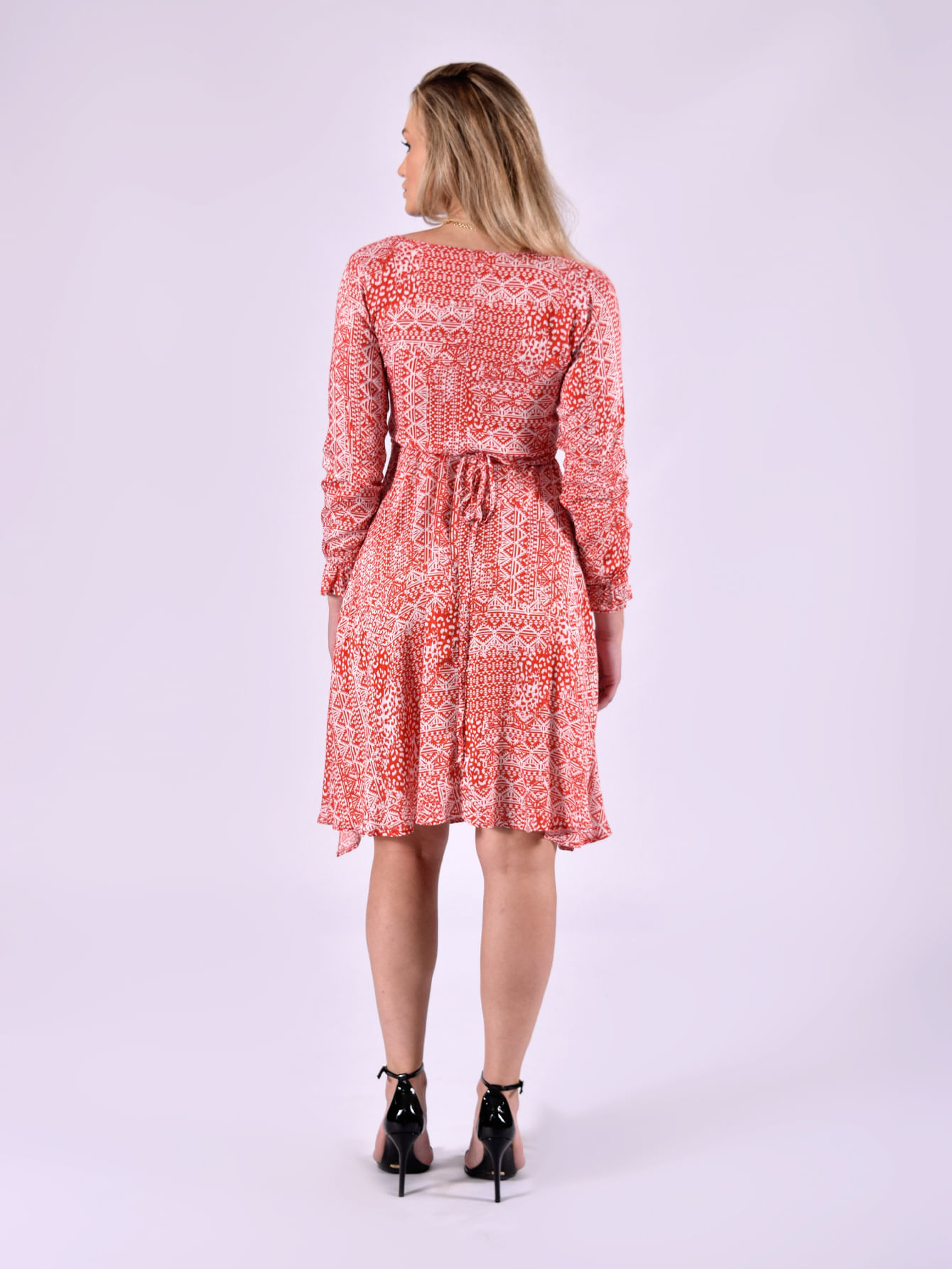 Miniatura Vestido Transpassado Manga Longa Com Amarração na Cintura - Vermelho e branco G