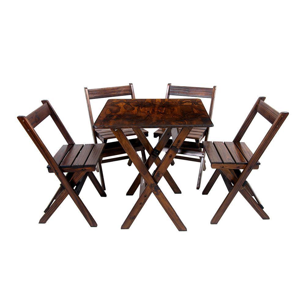 Miniatura Conjunto Mesa Dobrável 60x60cm Com 4 Cadeiras Em Madeira Maciça - Imbuia - Marrom
