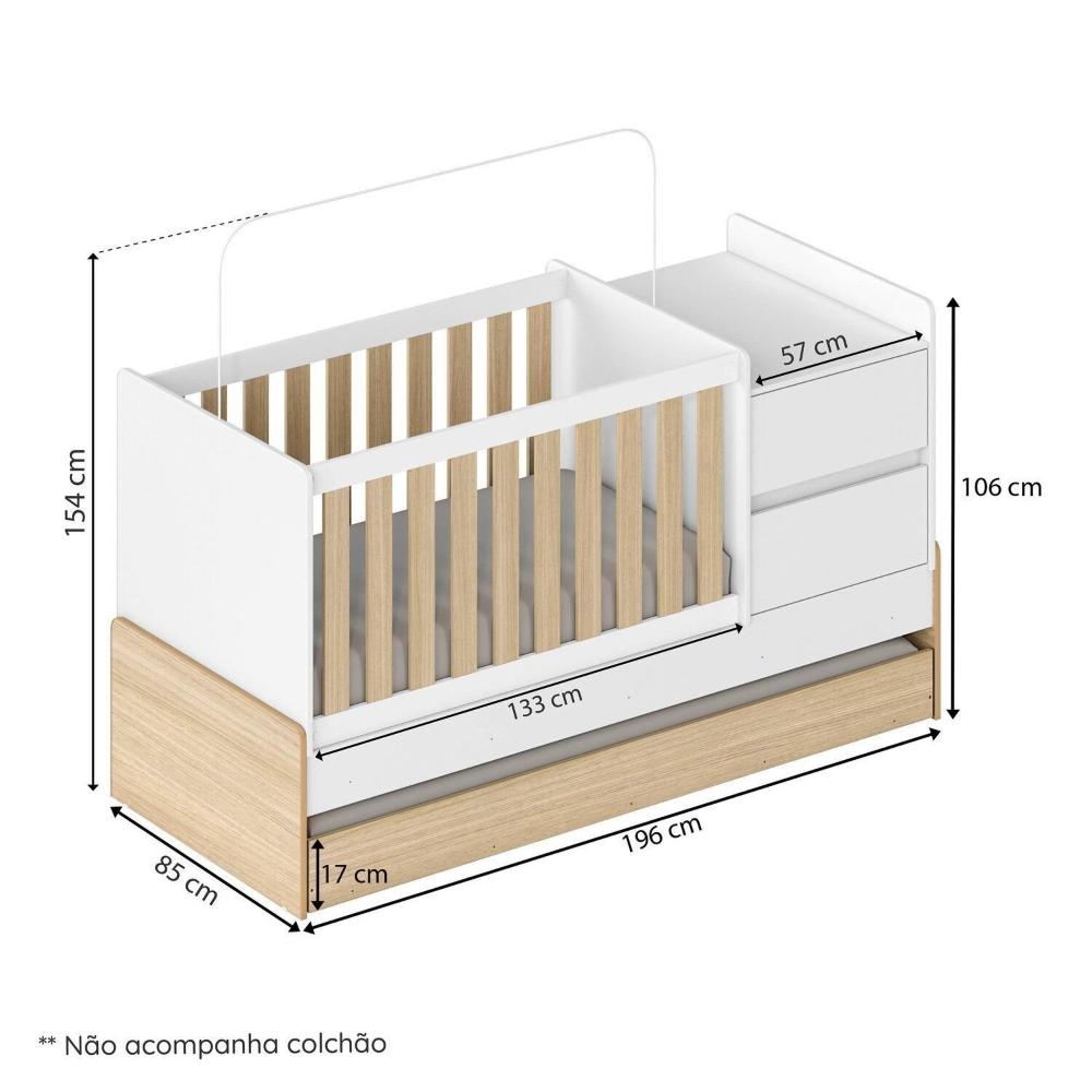 Miniatura Berço Cama Multifuncional Auri com 2 Gavetas e Cama Auxiliar Casatema Carvalho Mel/Branco