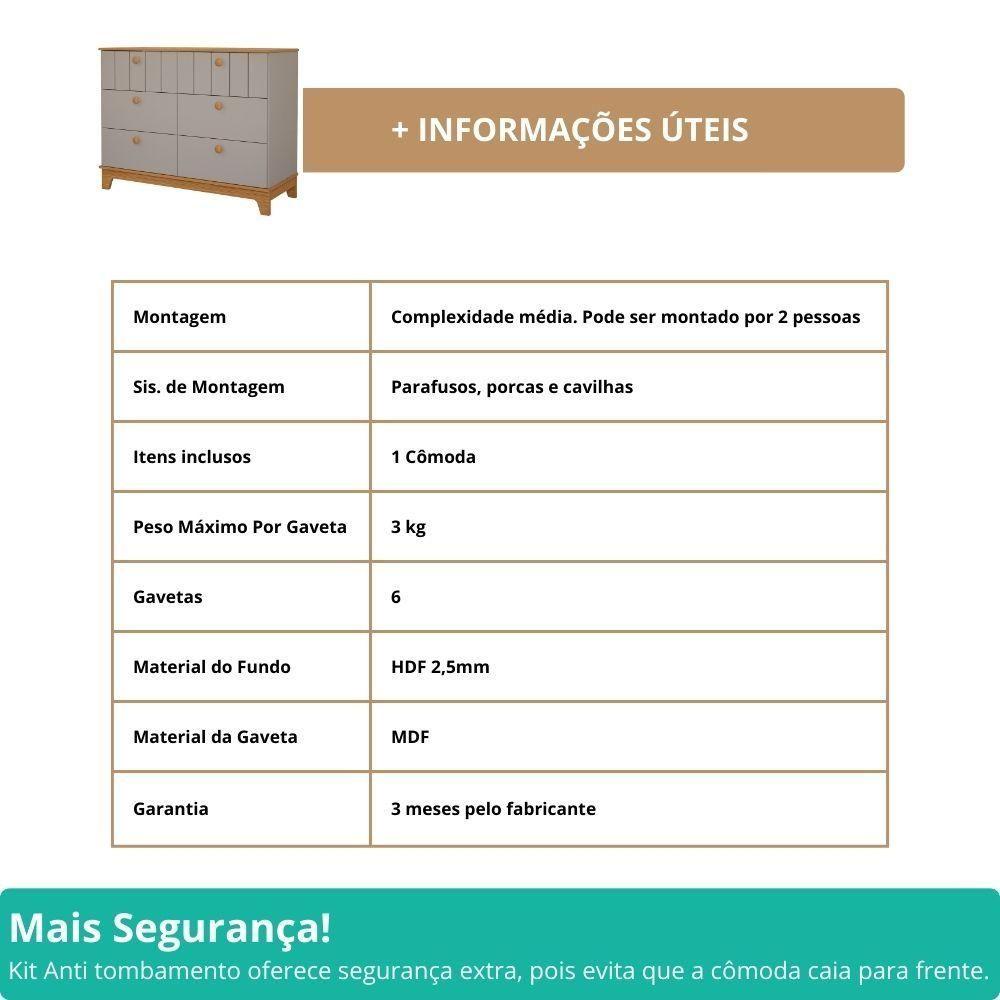 Miniatura Cômoda Infantil 6 Portas MDF Puxadores Madeira Maçica Biscoito Permobili Fendi/Nature