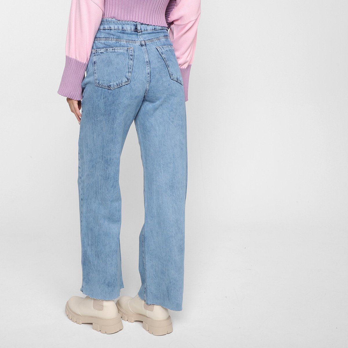 Miniatura Calça Jeans Wide Leg Morena Rosa Amarração Feminina Azul Claro - 42