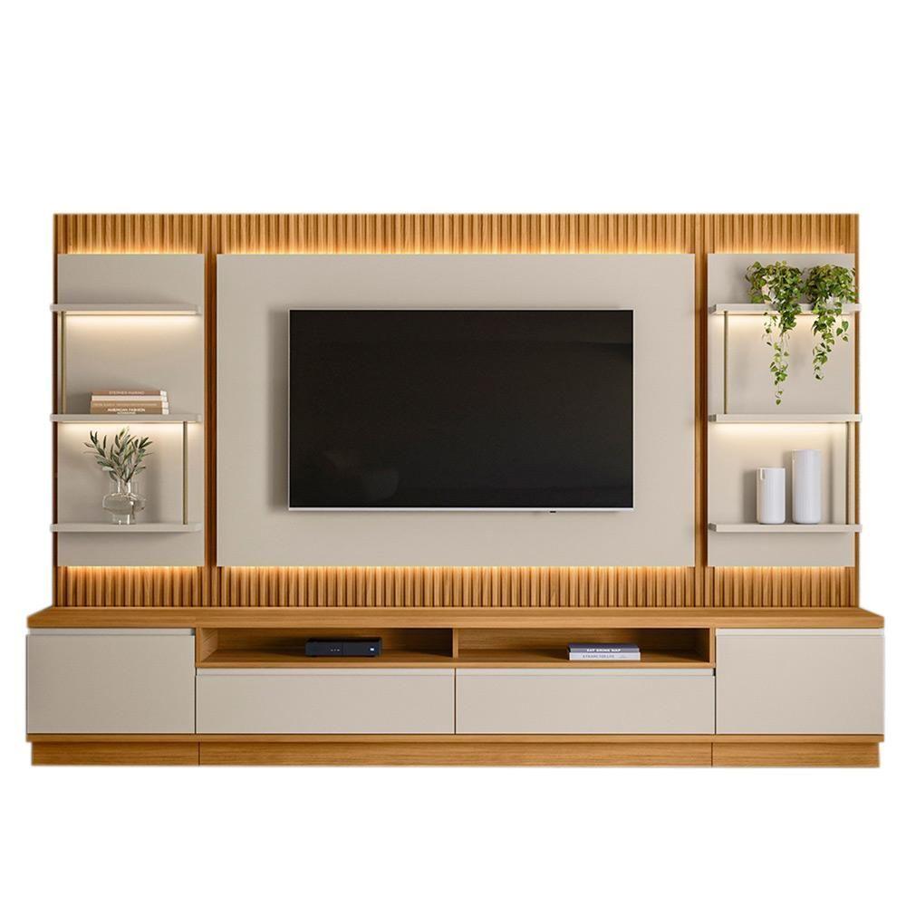 Miniatura Painel E Bancada Rack Sala De Estar 297cm Madalena Modulado Led Ripado Tv Até 70 Tauari/off White G77 - Gran Belo