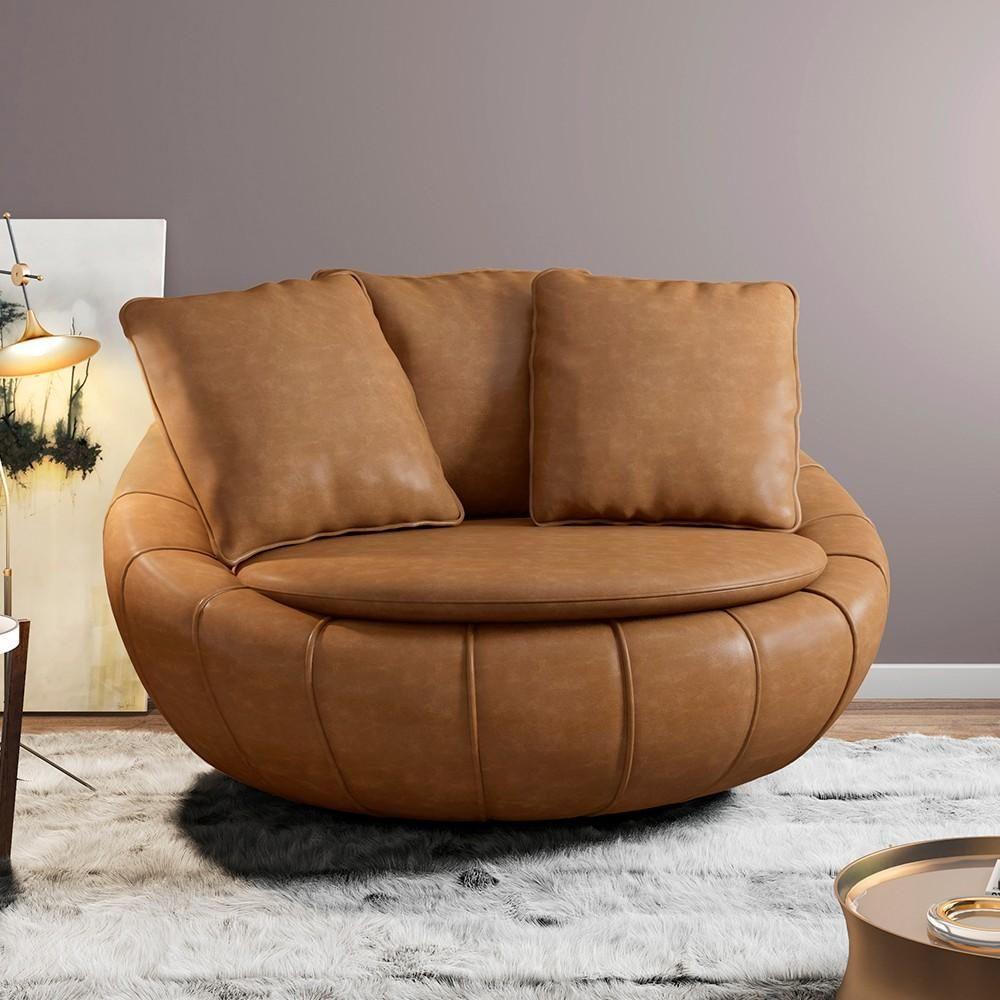 Miniatura Poltrona Decorativa Redonda Giratória Com Almofadas Saphire M22 Sintético Caramelo - Mpozenato