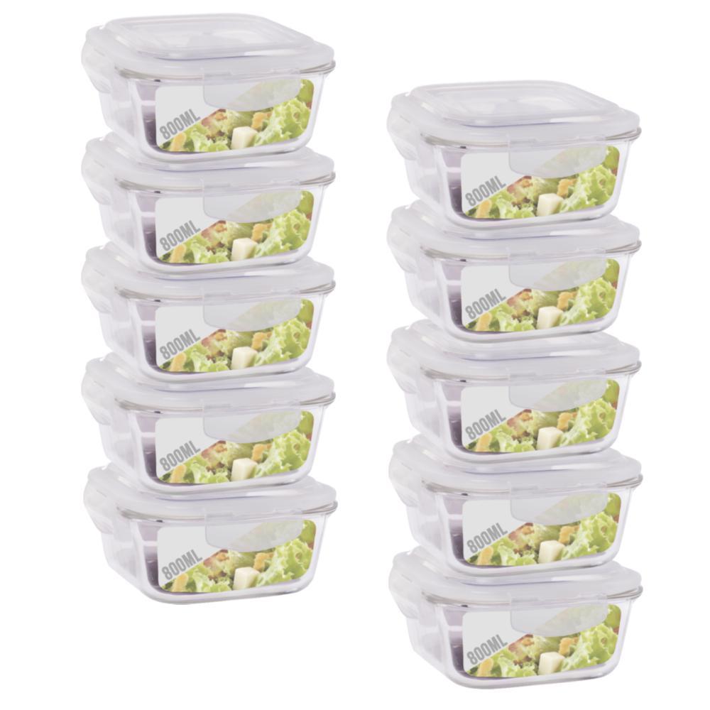 Miniatura Conjunto 10 Pote Vidro 800Ml Hermético Marmita Tampa 4 Trava