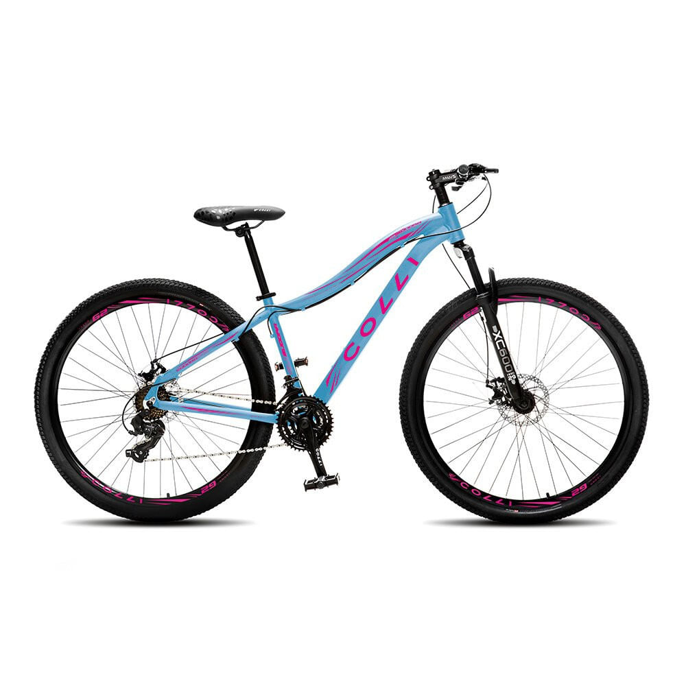 Miniatura Bicicleta Colli Eudora Aro 29 Freio a Disco Quadro 15,5 Azul Champanhe com Rosa Neon