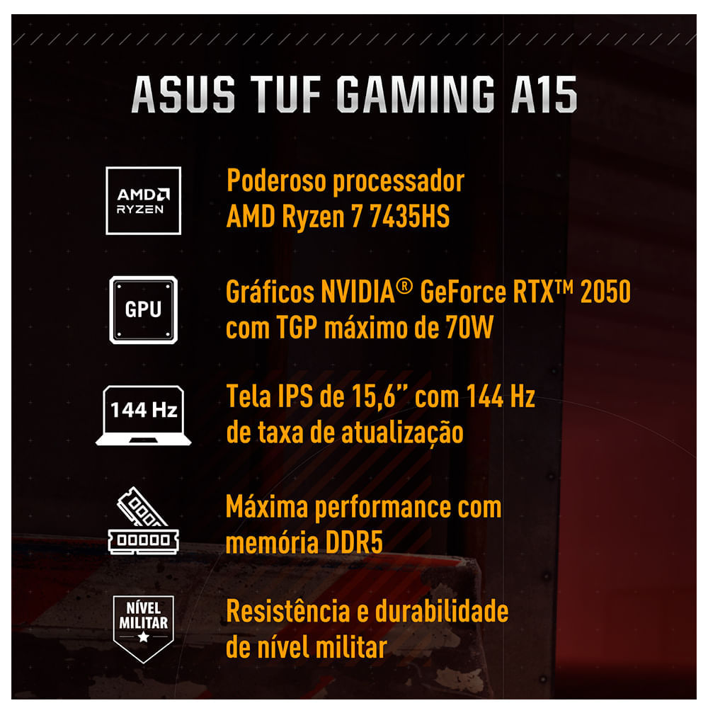 Notebook Asus, AMD Ryzen 7 7435HS, 16GB, 512GB SSD, Tela de 15,6", NVIDIA GeForce RTX, Graphite Black - FA506NFR Bivolt