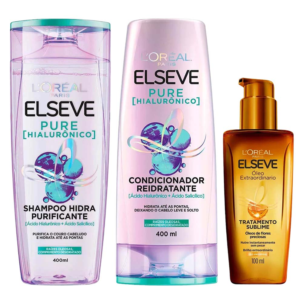 Miniatura Elseve Pure Hialurônico Kit – Shampoo + Condicionador + Óleo Extraordinário Kit