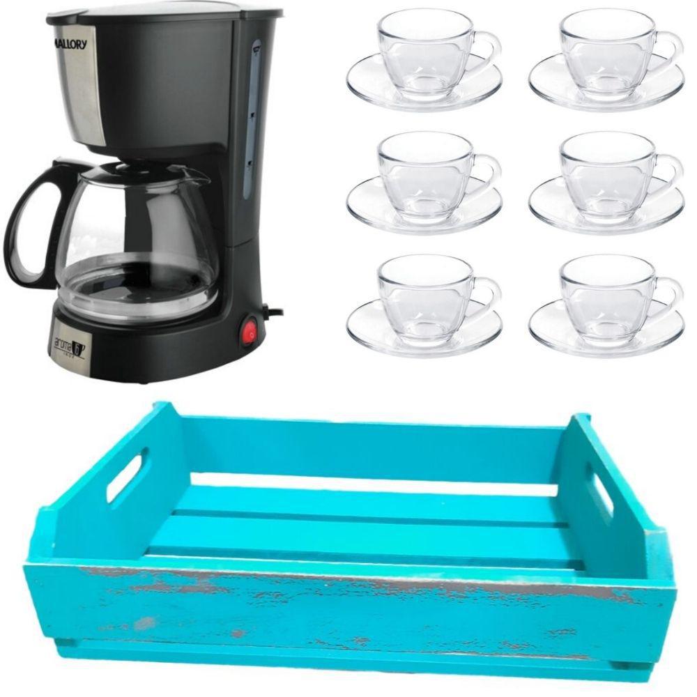 Miniatura Kit Cafeteira 220V Jogo 6 Xícaras 90Ml E Bandeja Mdf Azul