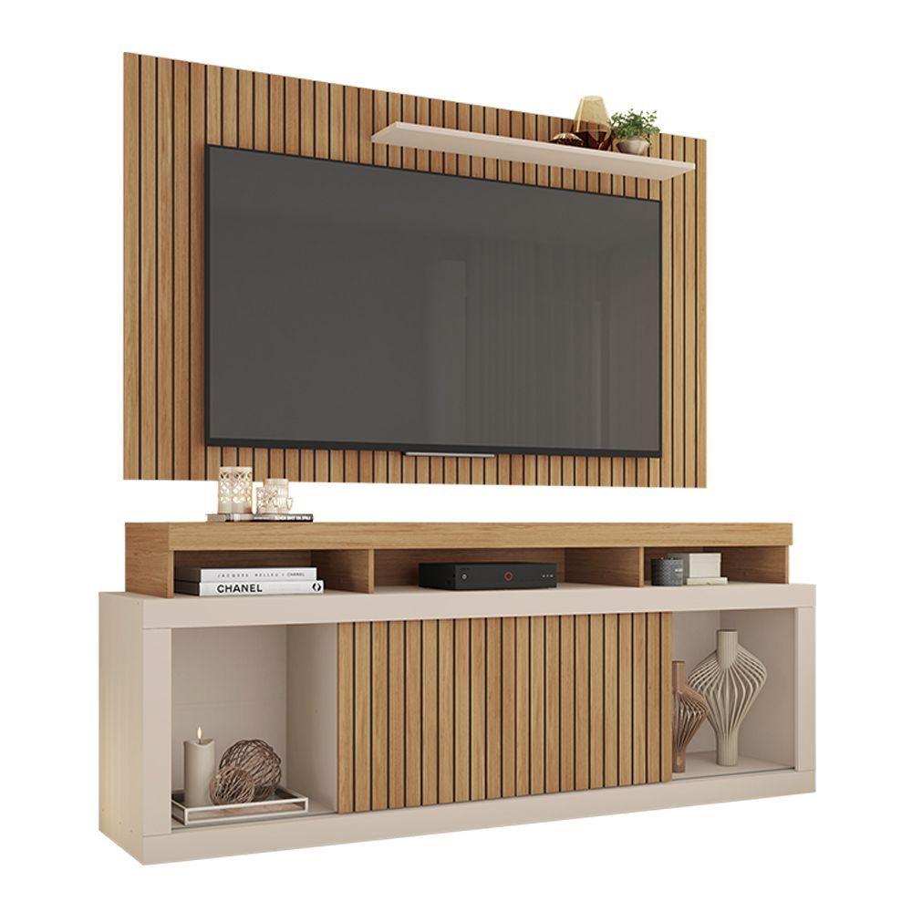 Miniatura Conjunto Decorativo Rack E Bancada Brendan Mdf/mdp Ripado Para Tv 55 Pol. Buriti/offwhite G11 - Gran Belo