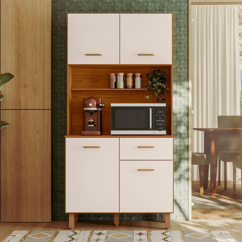 Kit Armário Cozinha New Izis 4 Portas Freijó Off White Poliman