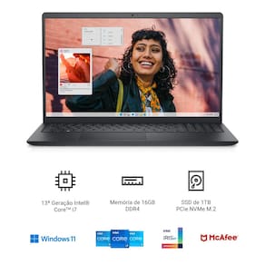 Miniatura Notebook Dell Inspiron I15-I1300-A80P Intel Core i7 Tela15,6” Full HD 120Hz 16GB DDR4 1TB SSD Preto
