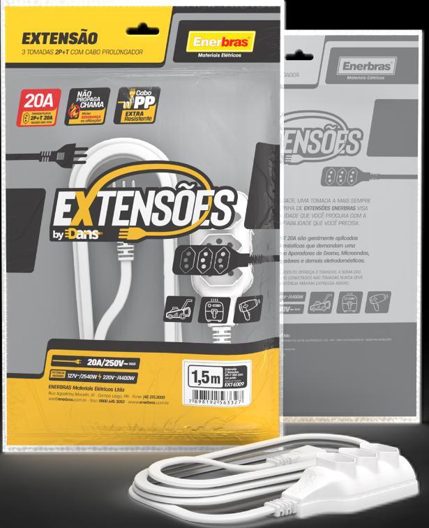 Miniatura Extensão 3 Tomadas 2P+T 20A Branco 1,5 Metros Bivolt Enerbra