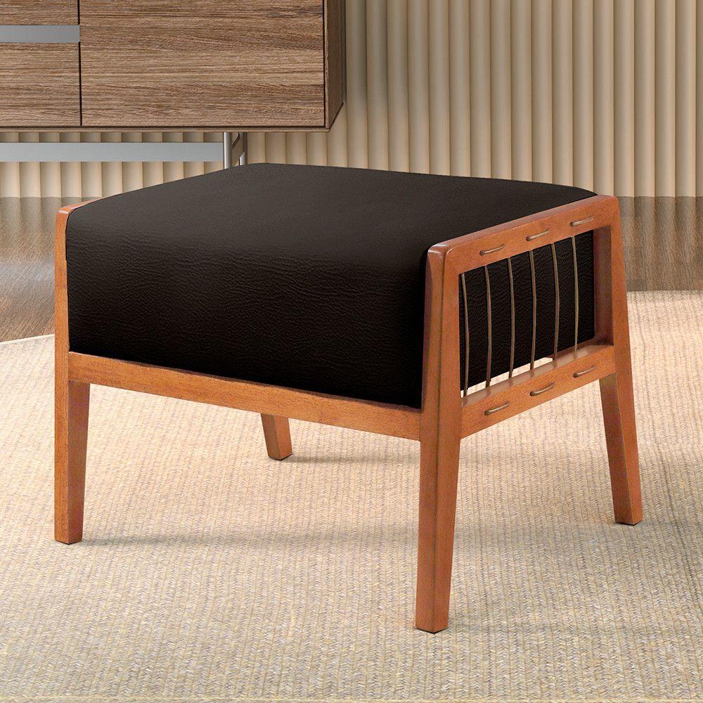 Miniatura Puff Banqueta Corino Gael Luxo Madeira Maciça Castellar Móbile Preto