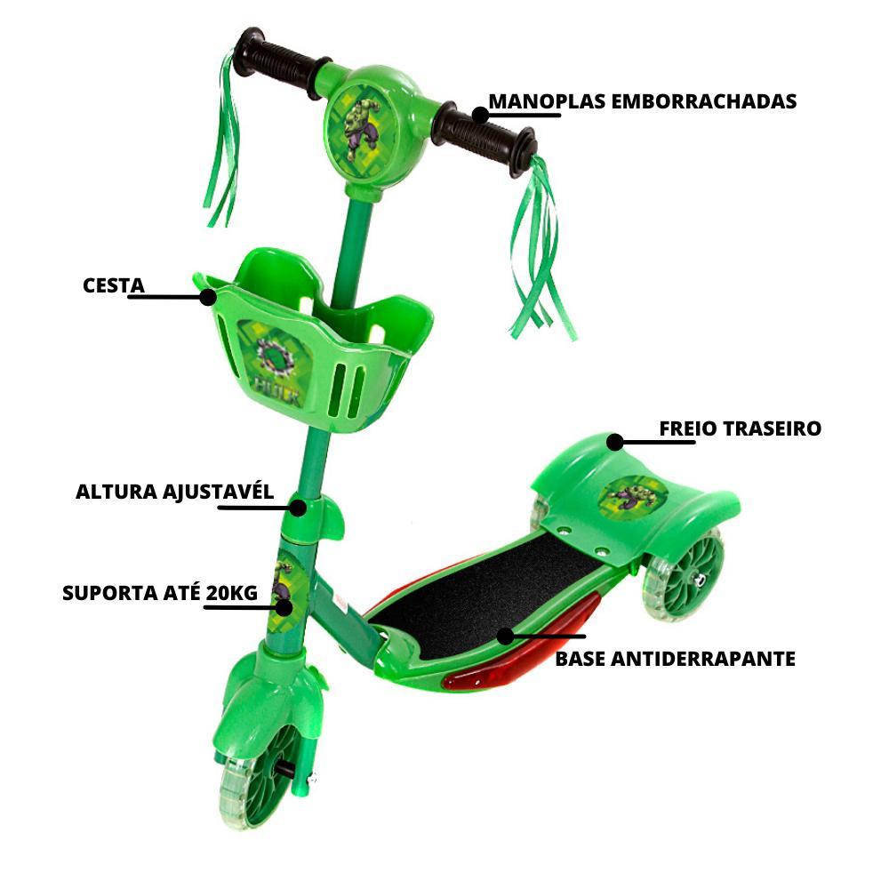 Miniatura Brinquedo Patinete Infantil Hulk 3 Rodas Com Luz E Som