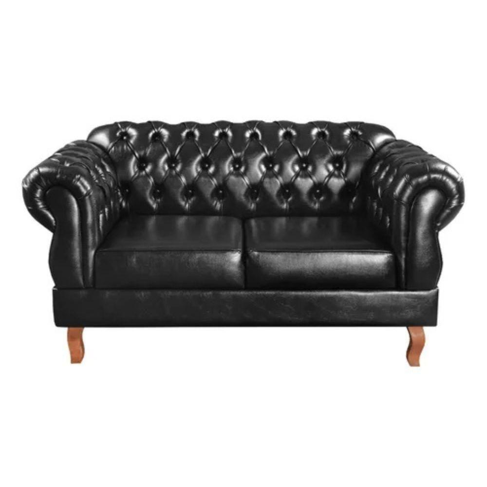 Miniatura Sofá Chesterfield 2 Lugares Duquesa Vintage Retrô Capitonê Couro Preto