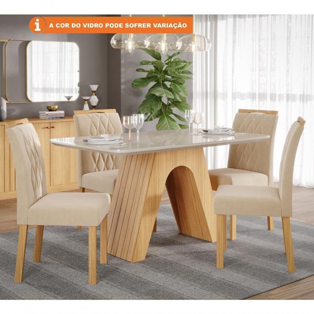 Miniatura Conjunto Sala De Jantar Clara 130x80 Tampo Em Mdf/vidro 4 Cadeiras Nature/off White/madeira/nude