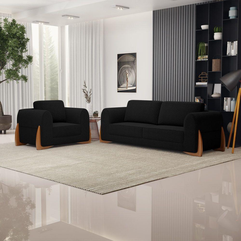 Kit Poltrona E Sofá Bloom 200cm 03 Lugares Com Pés De Madeira Bouclê Preto - Desk Design