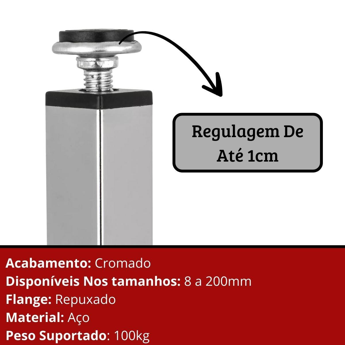 Miniatura Kit 20 Pés Para Móveis Regulável Quadrado Cromado 15Cm