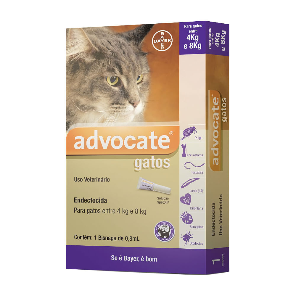 Miniatura Advocate para Gatos entre 4kg e 8kg 0,8ml com 1 Bisnaga