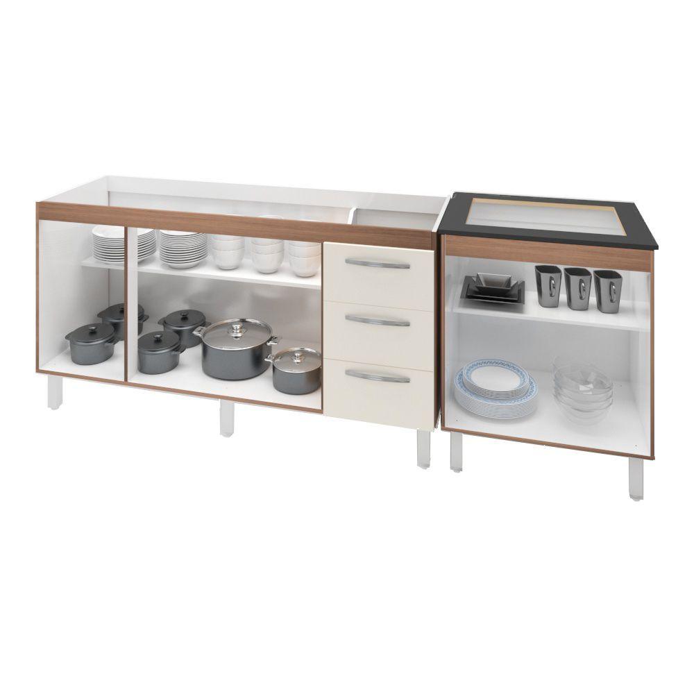 Miniatura Armário Cozinha Gabinete Pia De 140 Cm Carina Com Balcão Cooktop 4 Bocas Savana Frente Off-white Jade