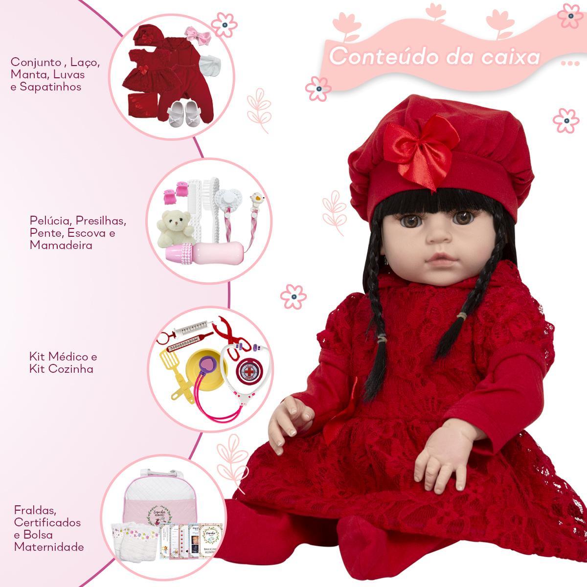 Miniatura Boneca Reborn Realista Morena Vestido Vermelho Enxoval Bolsa