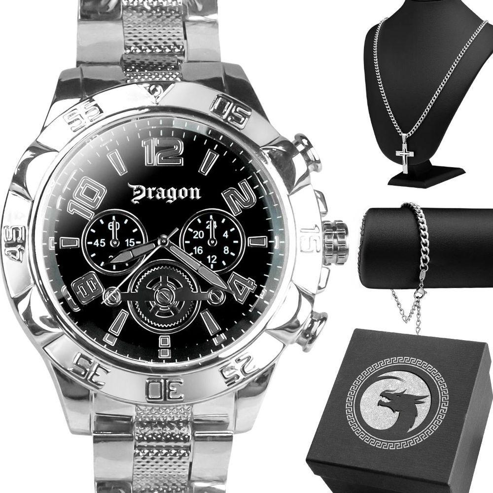 Miniatura Kit Relógio Masculino Analógico Orizom Spaceman Dragon em Aço Inox Prata com Cordão Crucifixo