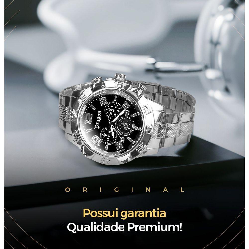 Kit Relógio Masculino Analógico Orizom Spaceman Dragon em Aço Inox Prata com Cordão Crucifixo
