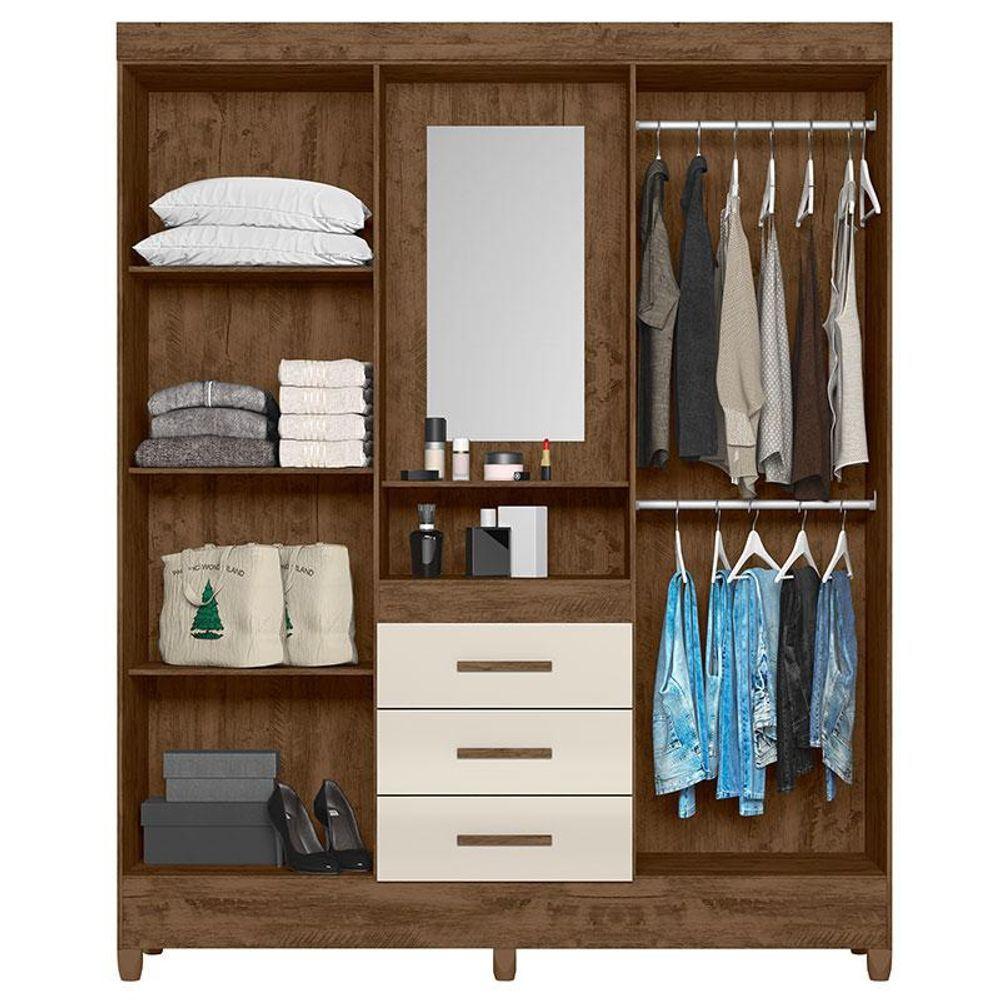 Miniatura Guarda Roupa Casal Capelinha Capri 4 Portas Castanho Wood Off White Com Espelho - Moval