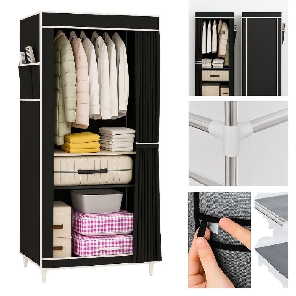 Guarda Roupa Dobravel Portatil Com Cabideiro Prateleira Multiuso Organizador Infantil Adulto Praia Brinquedos Preto