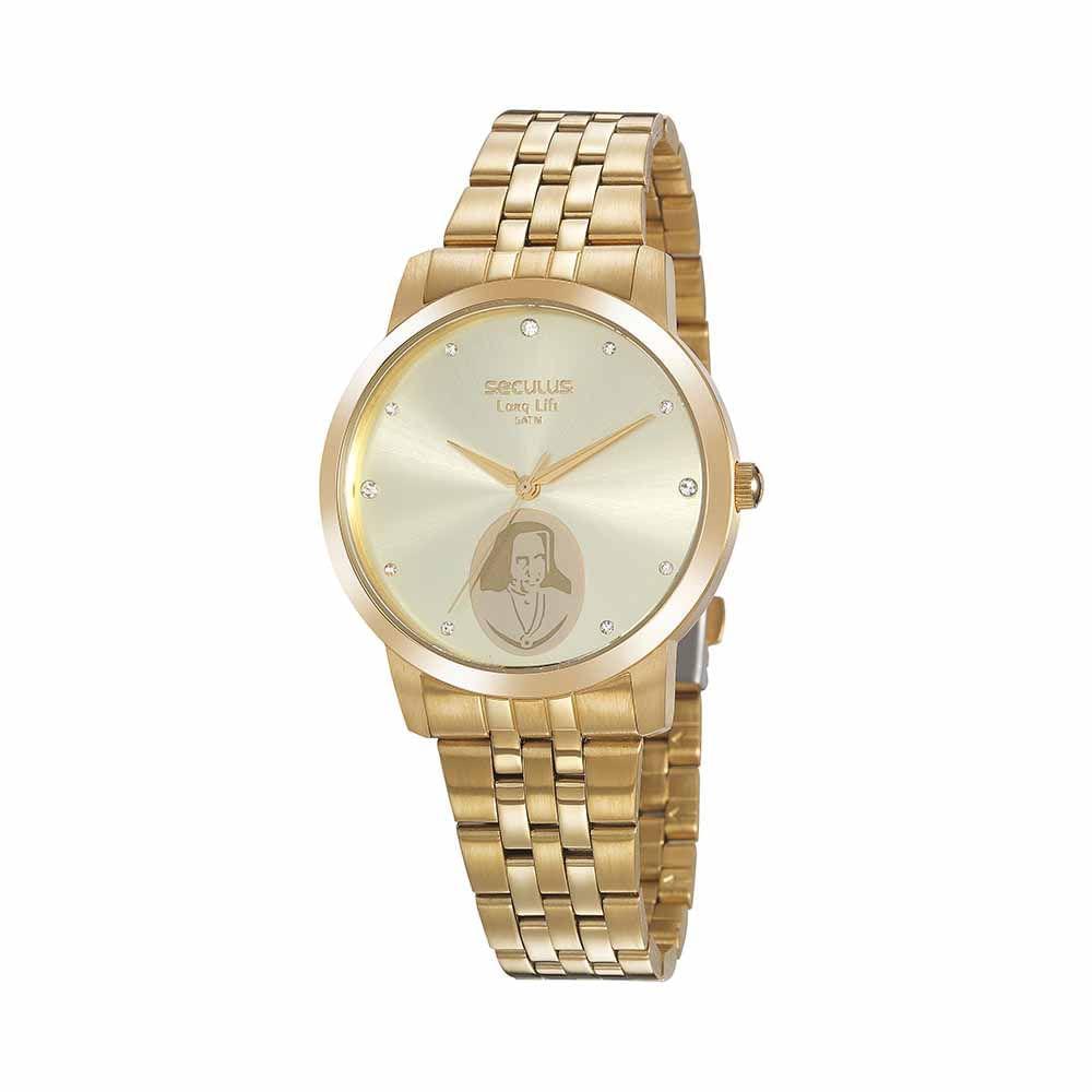 Miniatura Kit Relógio Feminino com Terço Irmã Dulce Dourado