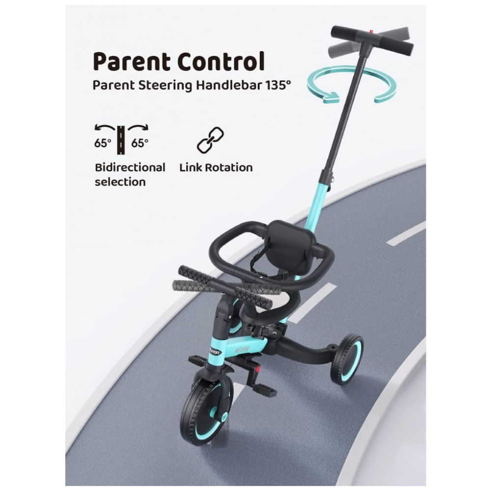 Triciclo Infantil 5 em 1 com Alça para os Pais, Protetor de Segurança e Cinto de Segurança, Newyoo TR008, Azul Claro