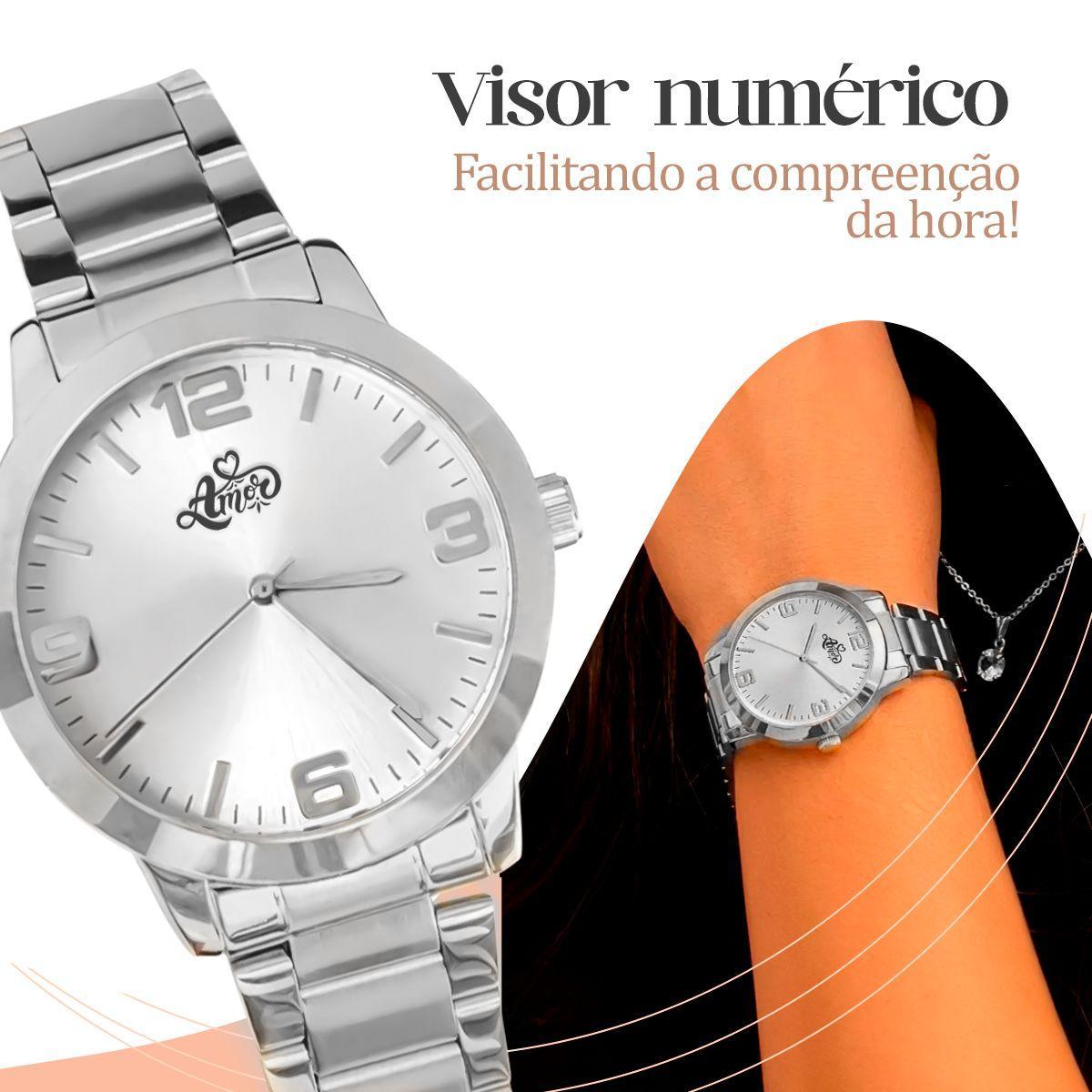 Relogio Feminino Prata Aço Inox + Caixa + Pulseira + Colar