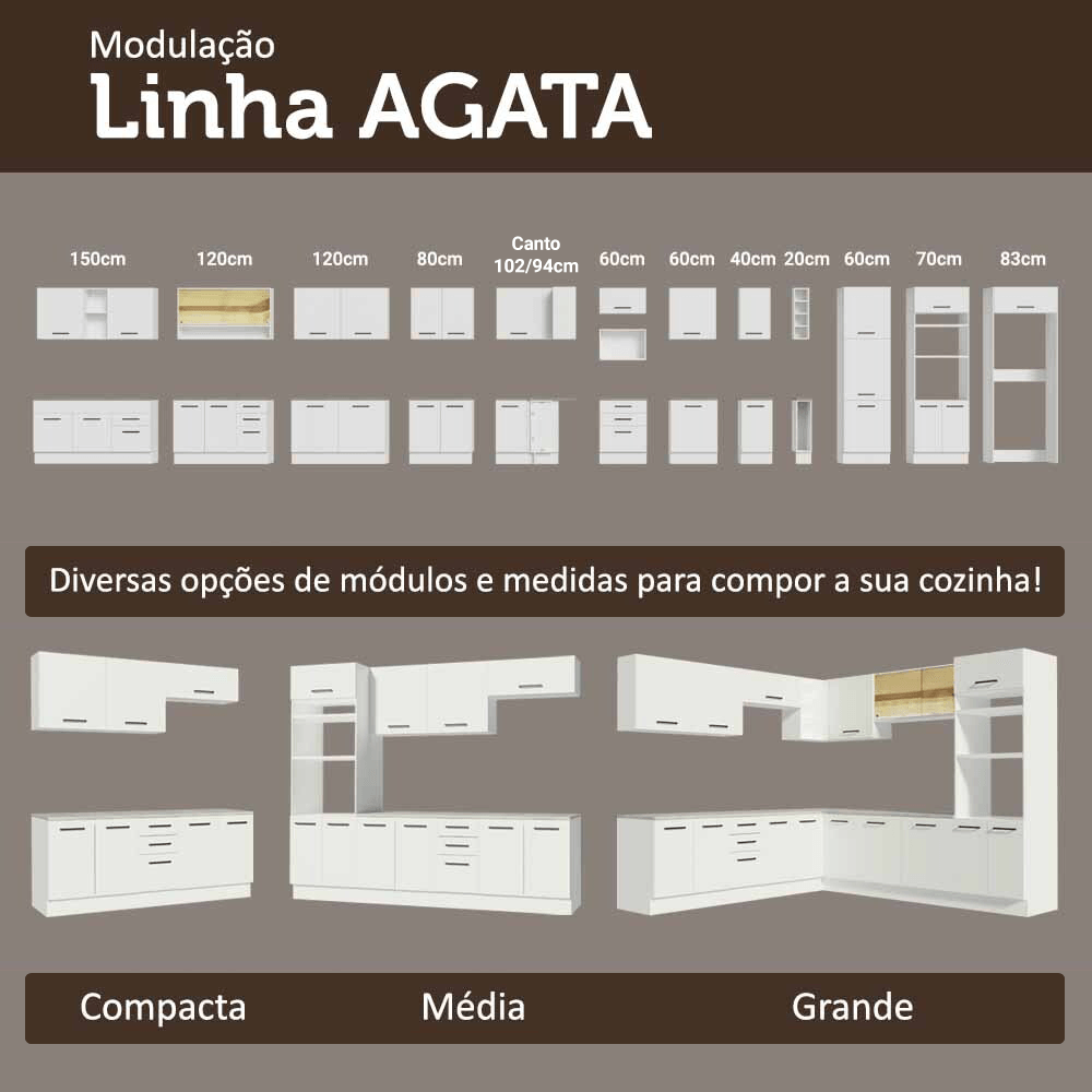 Armário de Cozinha Completa 190cm com Cristaleira Branco Agata Madesa 01 Cor:Branco
