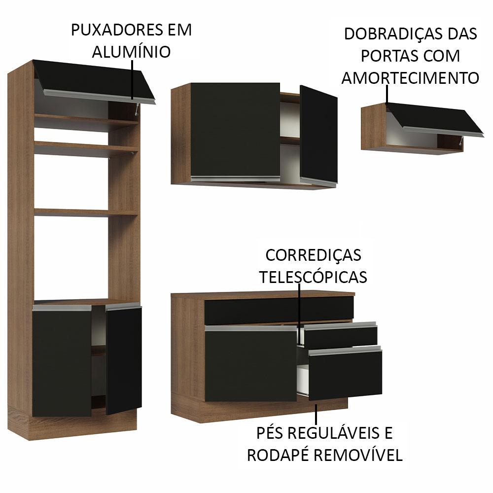 Armário de Cozinha Completa 270cm Rustic/Preto Glamy Madesa 14 Rustic/Preto