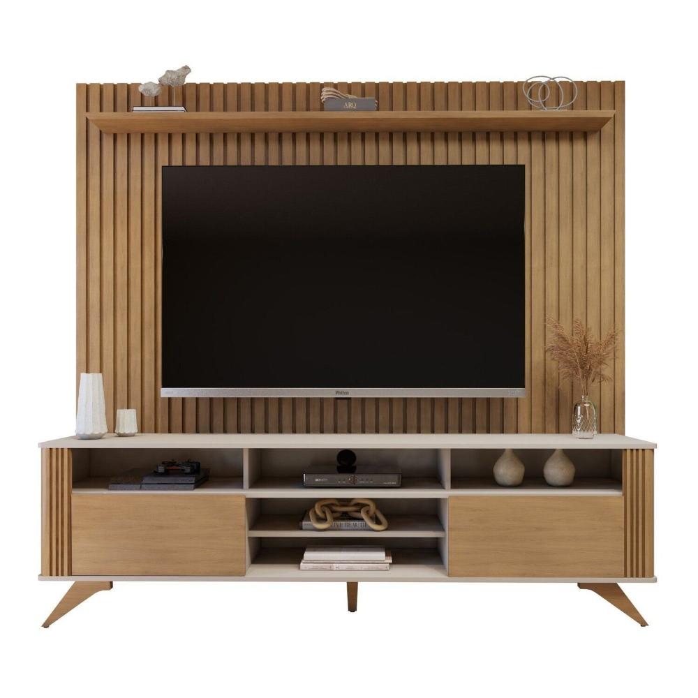 Miniatura Rack Bancada Mariana Pés Madeira Maciça com Painel Vitória para TV até 65 Polegadas Off White/Cinamomo