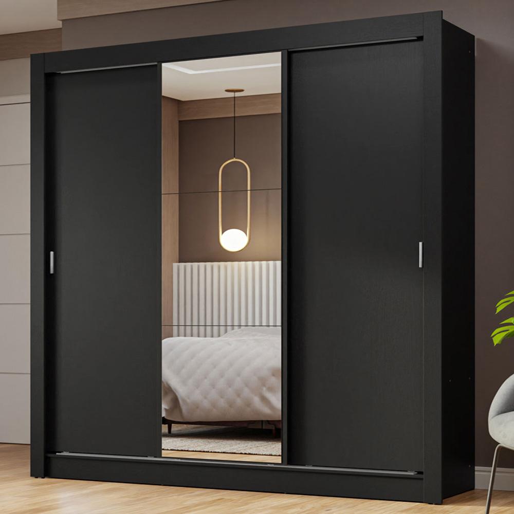 Miniatura Guarda-Roupa Casal 3 Portas de Correr com Espelho Preto Nobre Madesa Preto
