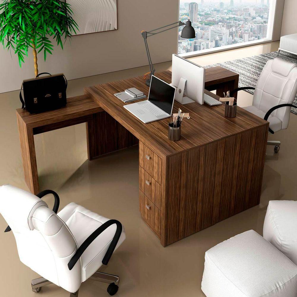 Miniatura Conjunto Escritório Com 2 Mesas Em L E 6 Gavetas Nogal