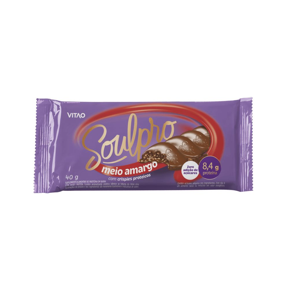 Miniatura Chocolate Vitao Soulpro com Crispies Proteicos 8,4g de Proteína Meio Amargo 40g