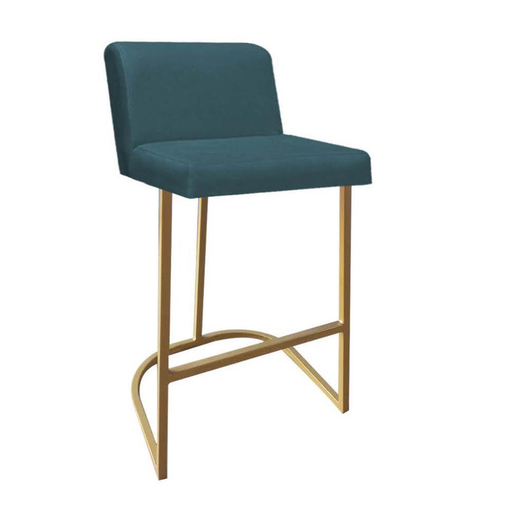 Miniatura Banqueta Com Encosto Confort Bistrô Cozinha Ferro Dourado Suede Azul Turquesa - Amey Decor