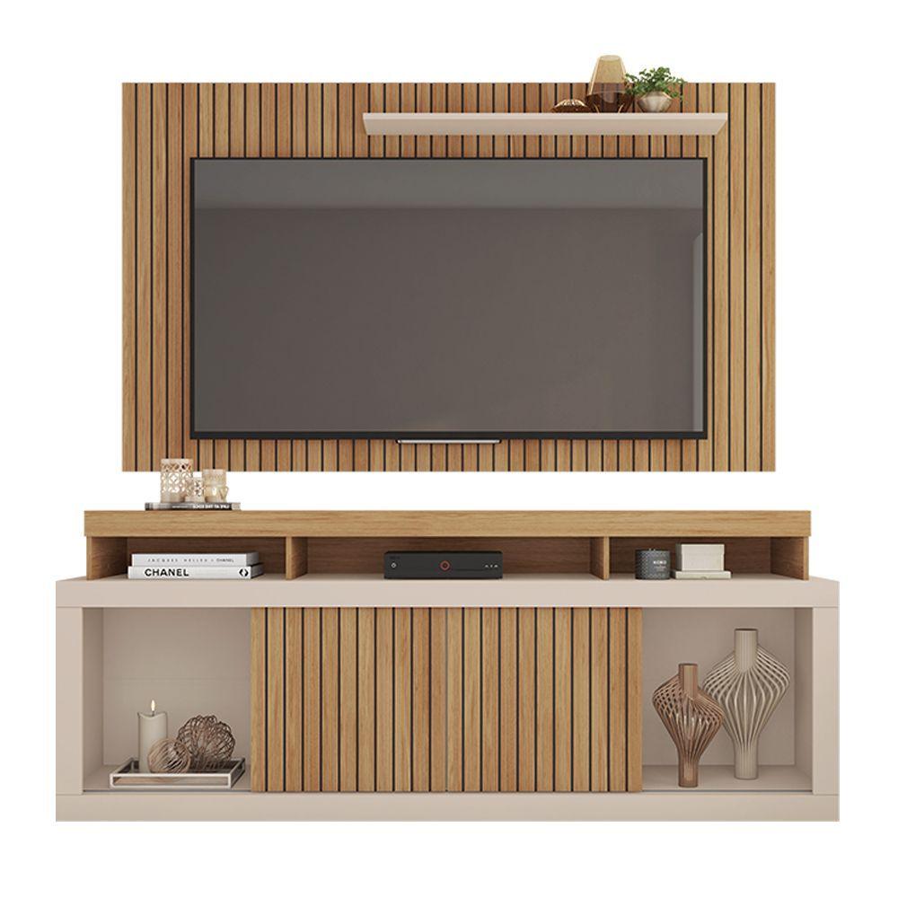 Miniatura Conjunto Decorativo Rack E Bancada Brendan Mdf/mdp Ripado Para Tv 55 Pol. Buriti/offwhite G11 - Gran Belo