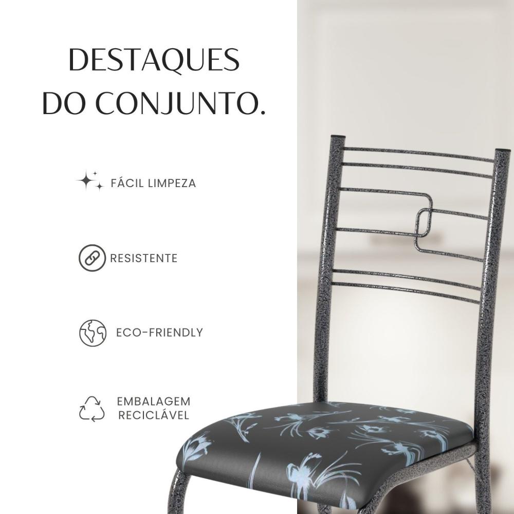 Conjunto Sala de Jantar Mesa Retangular 100x60cm Tampo Pedra Ardósia Indiana 4 Cadeiras Paraty Preto Floral / Mart Prata