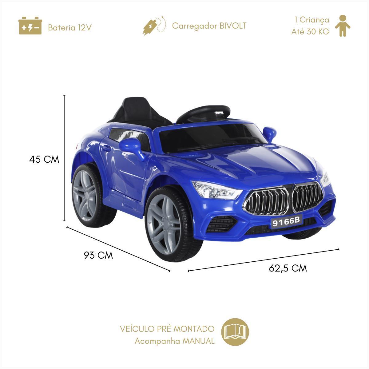 Carro Elétrico Infantil 12V Azul Led 2 Motores Controle 2Em1
