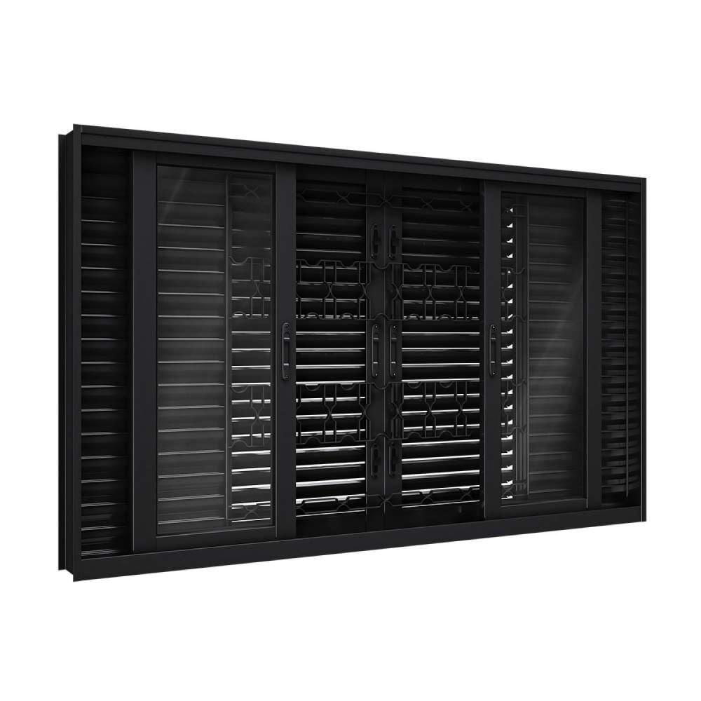 Miniatura Janela de Aço Veneziana Flex com Grade Mosaico 6 Folhas 100X200cm Facilitá Lucasa Preto