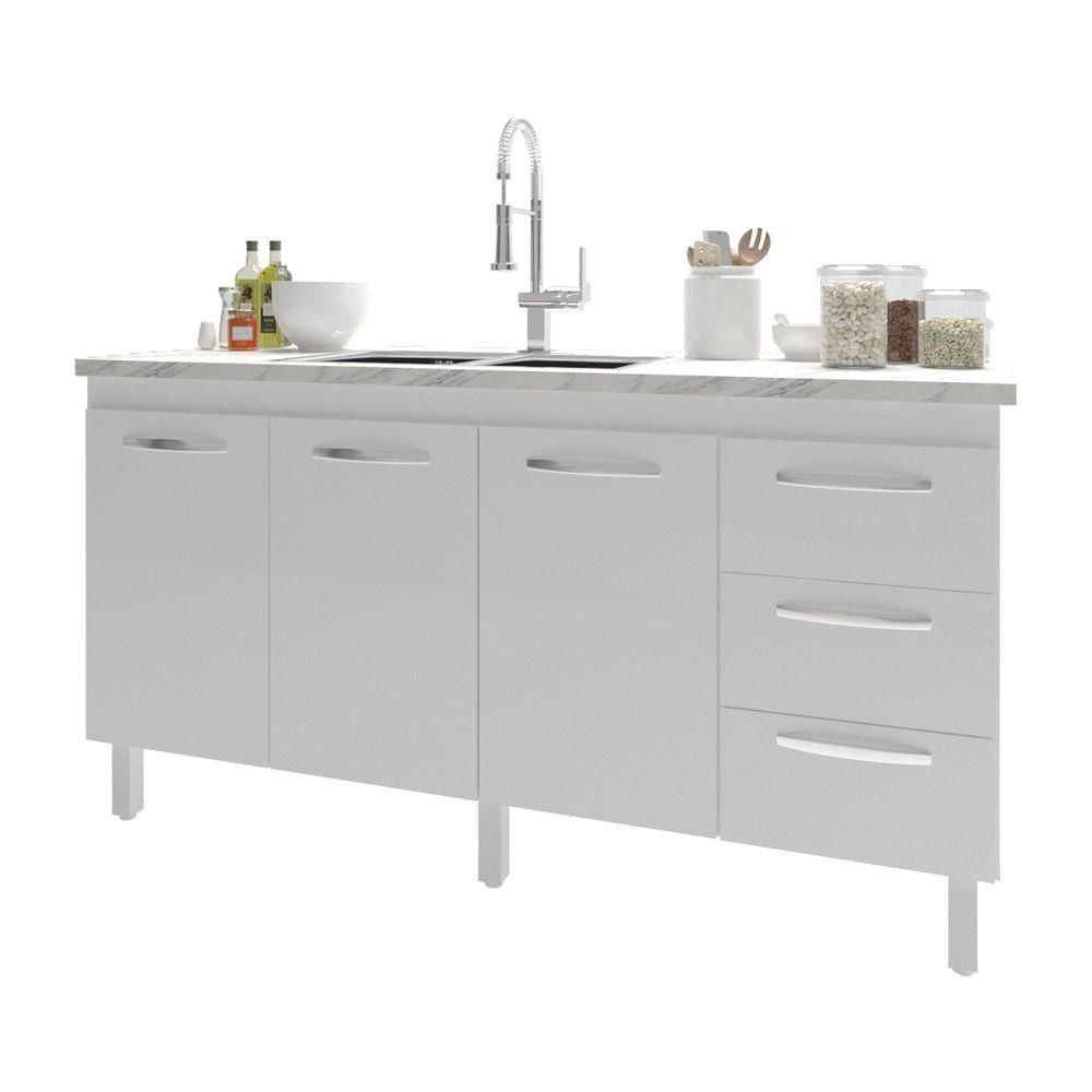 Miniatura Balcão Cozinha Armário Gabinete Para Pia 157 Cm 3 Portas E 3 Gavetas Estela Branco