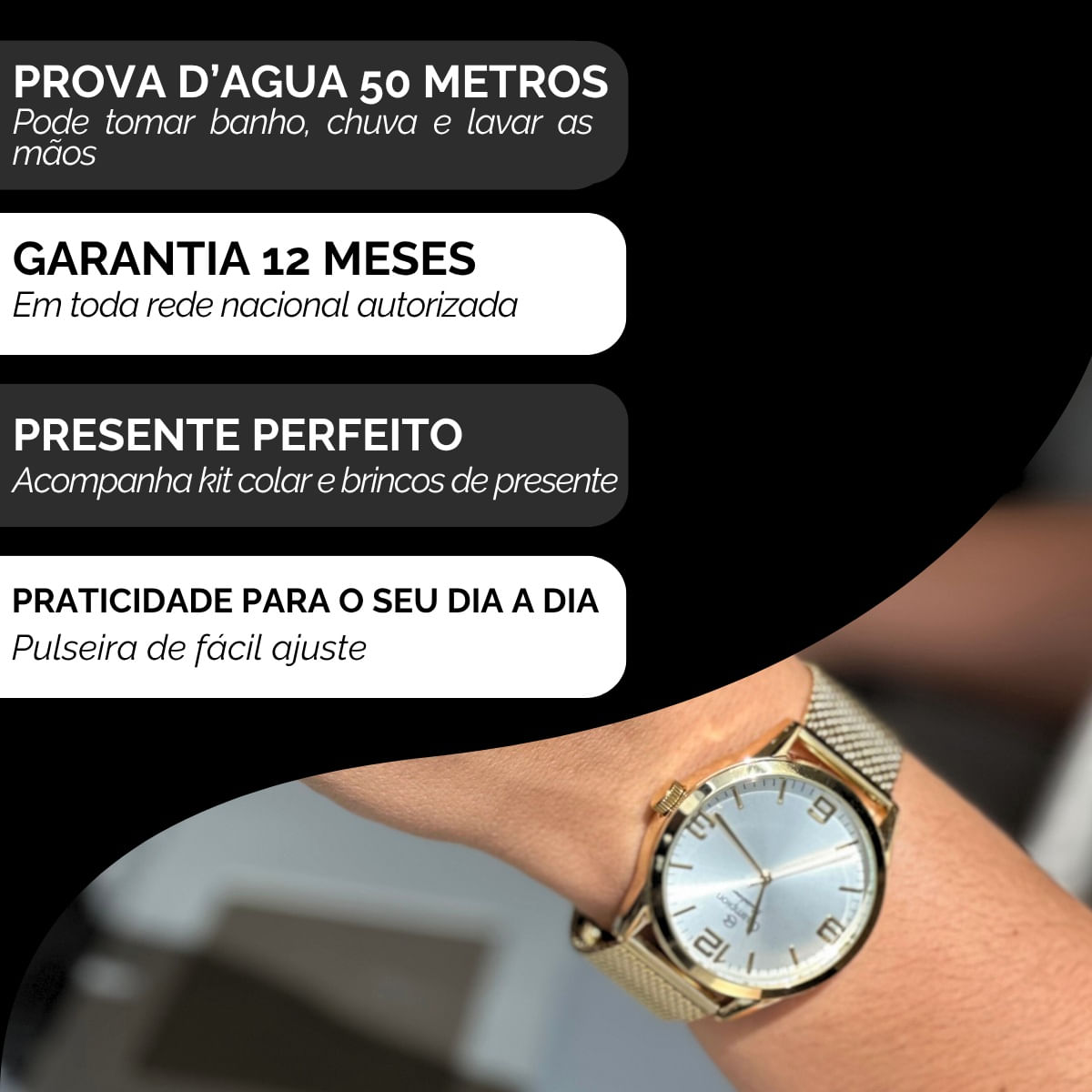 Miniatura Relógio Champion Feminino Dourado Prova D´Agua + Kit de Brincos e Colar Garantia De Um Ano